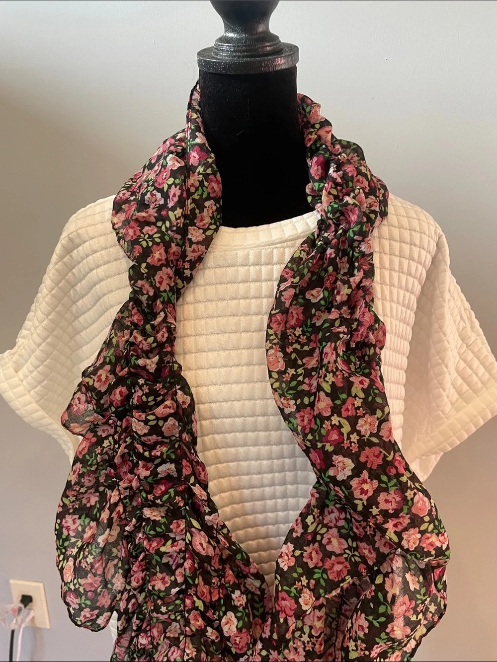 Lightweight Black Floral Scarf with Pink Roses